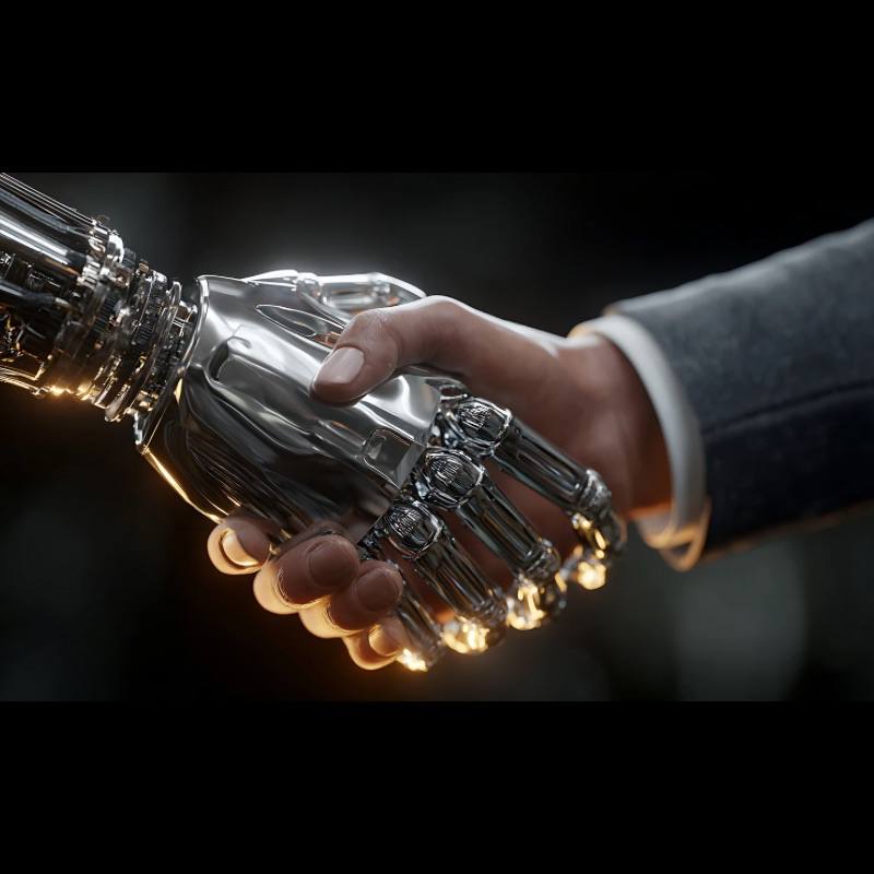 Human and robotic hands shaking to represent E4LA's 2026 AI-supported expansion